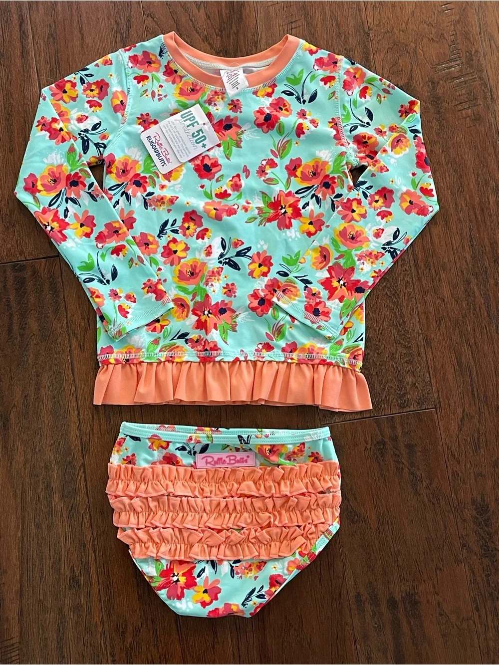 Ruffle Butts Aqua Floral Long-Sleeve Rashguard Set with Coral Ruffle Trim